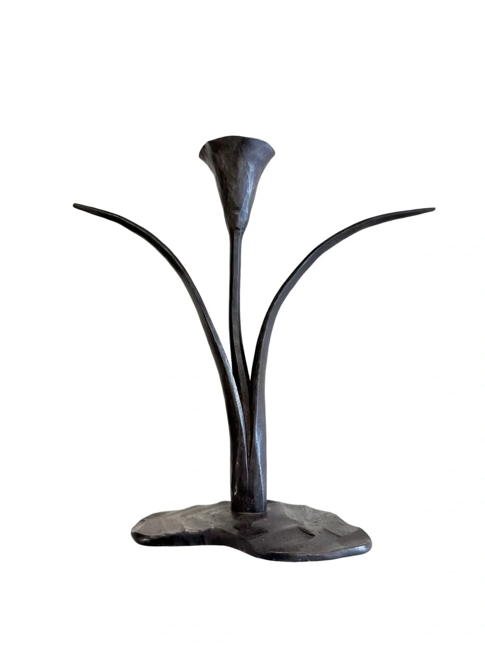 Vintage Hand Forged Iron Calla Lily Candlesticks Pair Brutalist Sculptural